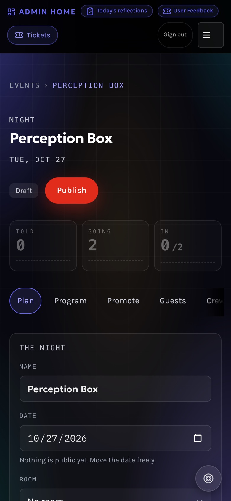 Admin night page: status pill and the red Publish button (Oct 22 capture)