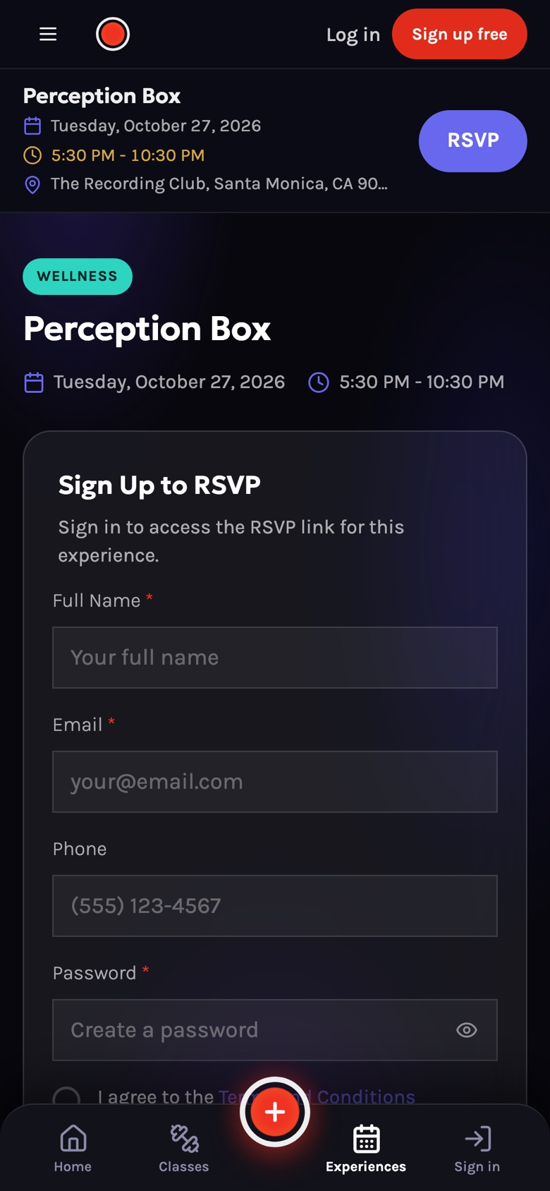 Event page, signed out
