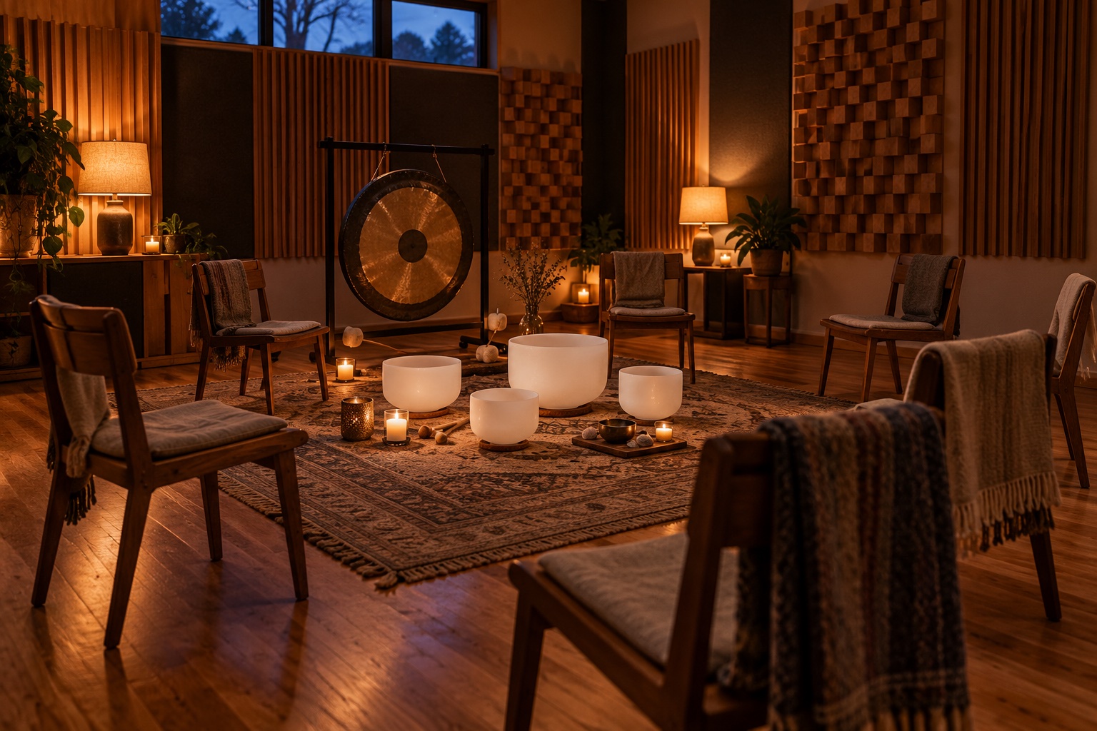 The Live Room set for the night: dim warm light, a circle of chairs, cushions for the sound bath