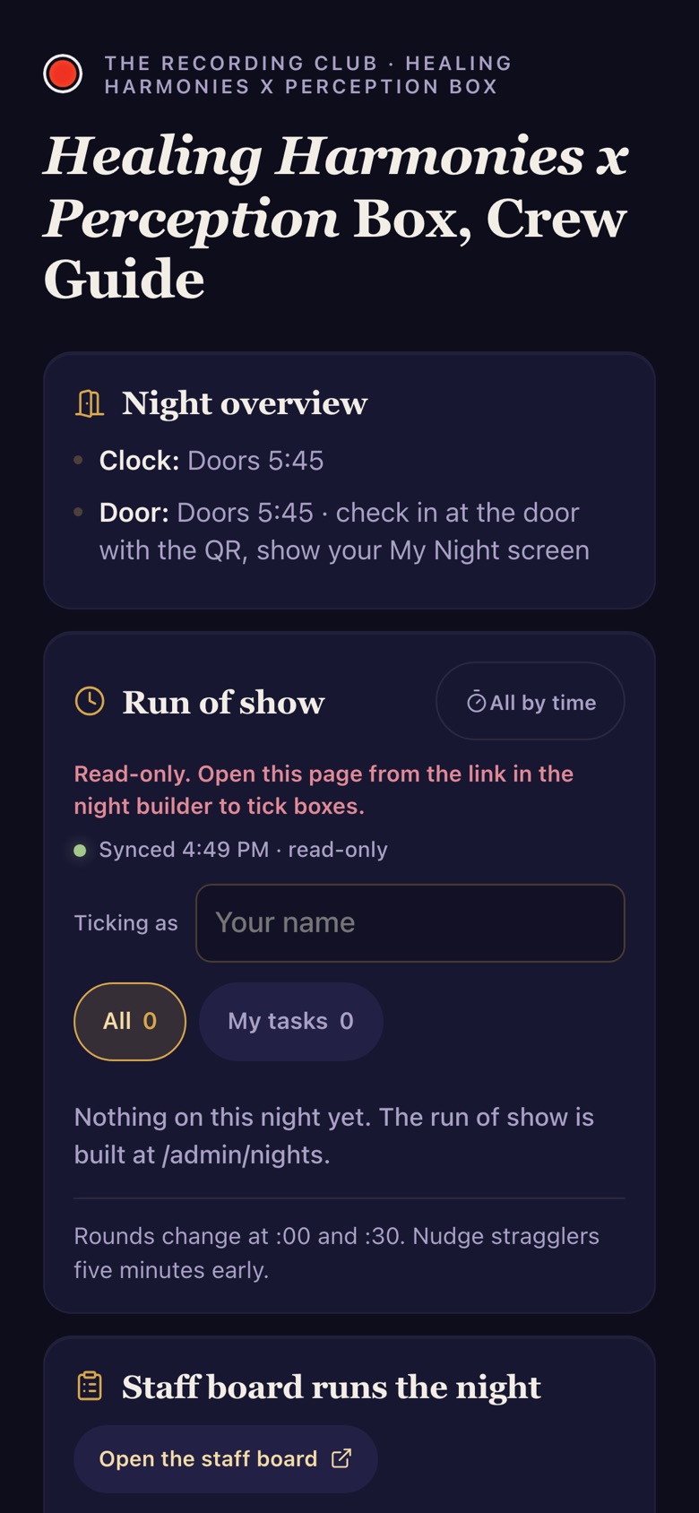 Crew guide on a live night (Sep 16 example)